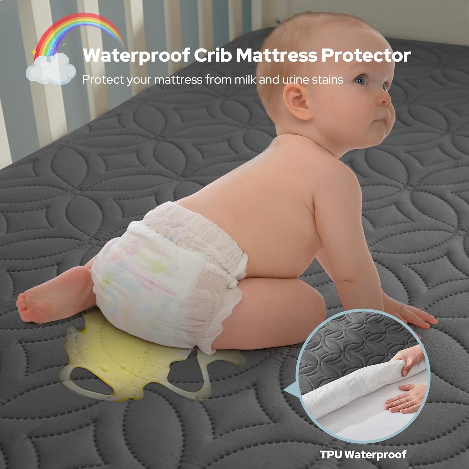Skiennix Waterproof Crib Mattress Protector - Soft, Breathable & Noiseless 2-Pack | Standard Size (52''x28'', Gray)