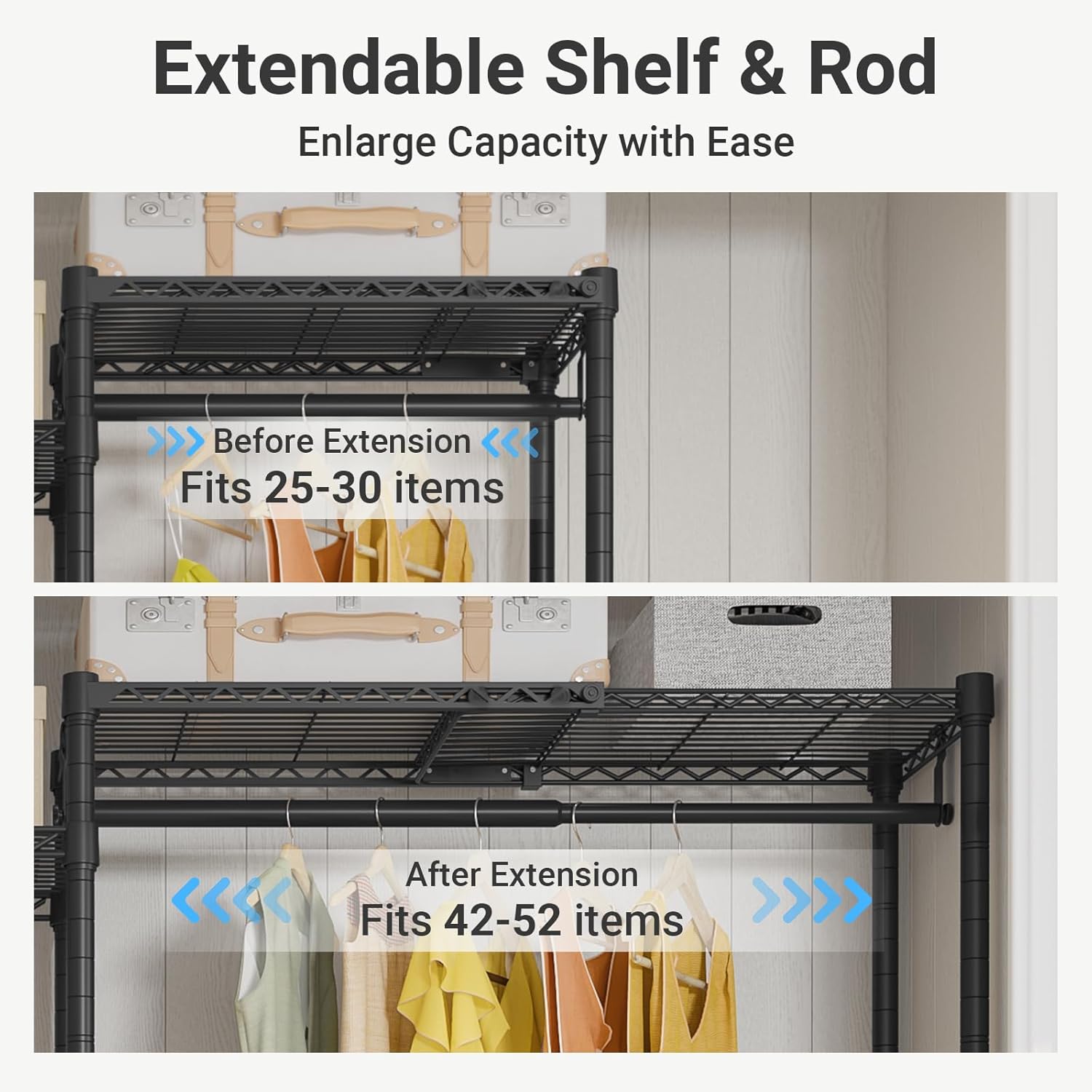 VIPEK X3 Heavy-Duty Expandable Clothes Rack - Adjustable 5'2" to 8' with Shelves & Hanger Rods | Max Load 1210LBS, Black