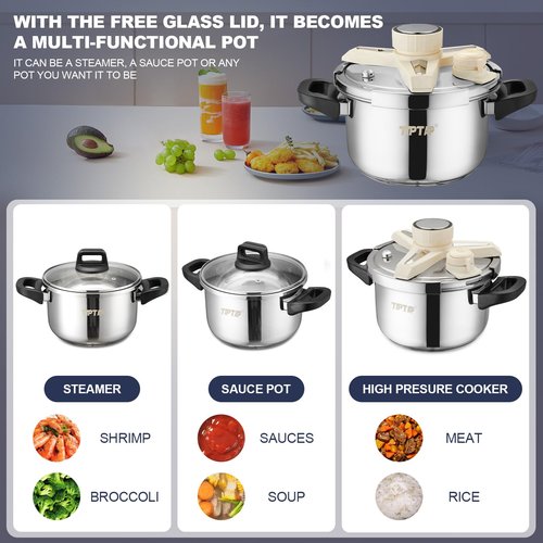 TIPTAP 4.5QT/5L Stainless Steel Pressure Cooker, Multifunctional Pot with Glass Lid, Ideal for Steaming, Soups, Pressure Cooking, Rice and More, Compatible with Gas Stove and Induction Cooktops