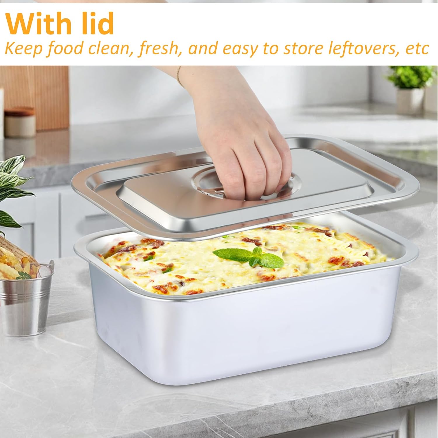 Skiennix 4-Inch Extra Deep Lasagna Baking Pan - 304 Stainless Steel with Lid, 8.7x12.6 Inch | Perfect for Casseroles and Roasting