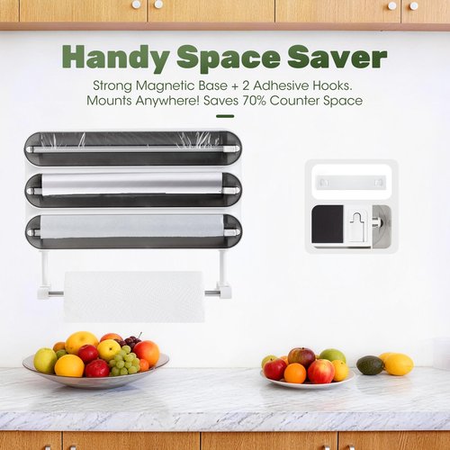 Quasziwa Aluminum Foil & Plastic Wrap Dispenser with Cutter - Magnetic & No-Drill Wall Mount, Cling Film Dispenser with Paper Towel Holder, Space-Saving 4-in-1 Kitchen Organizer - Fits 12" Roll, Black