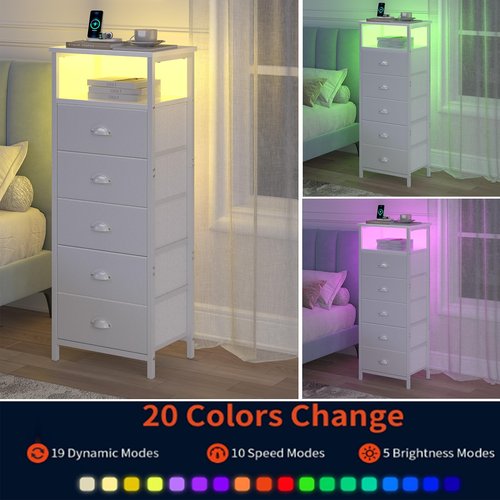 sthmec Nightstand with Charging Station,LED White Nightstands with 5 Fabric Drawers PU Finish, Bedside End Tables, 2-Tier Open Storage Shelf Side Table Nightstand with Drawers for Bedroom,White