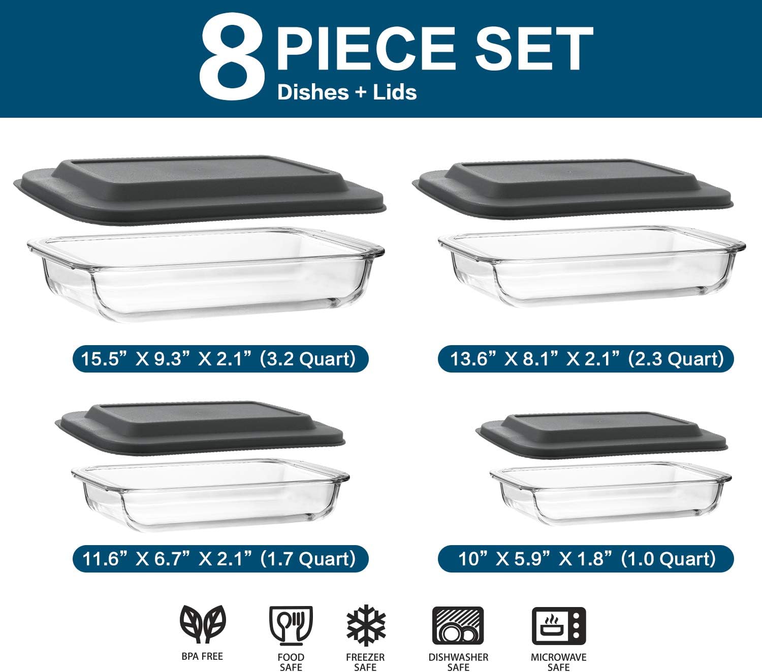 Skiennix 8-Piece Deep Glass Baking Dish Set - Includes Lids & 6 Measuring Cups for Kitchen Cooking