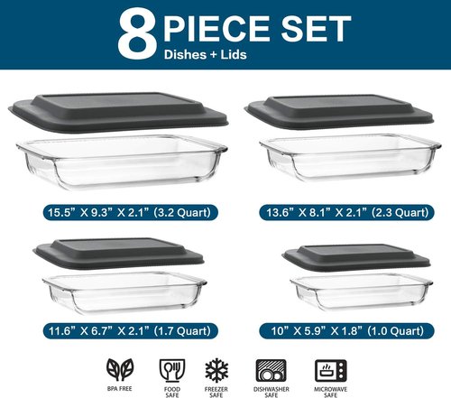 MCIRCO Glass Baking Dish Set - 8 Pcs with Lids | Versatile Food Storage Containers for Oven, Microwave, Dishwasher