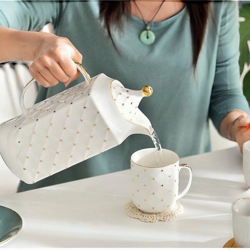 ASGDPGO 8-Piece Gold Dot Ceramic Royal Set for Home Use Wedding Gift with 6 Mugs Teapot and Tray for Afternoon Tea or Coffee，Gold Dot White