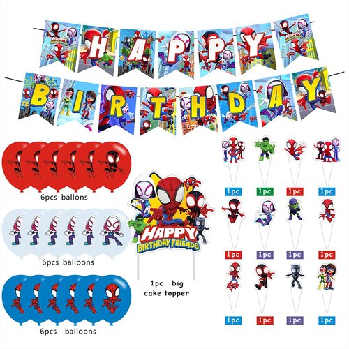 Spider and His Friends Birthday Decorations,Spider and His Friends Party Supplies Include Happy Birthday Banner, Cake Topper and Cupcake Toppers, Balloons for Kids Party Decor