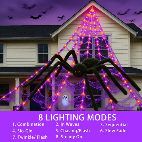 Halloween Decorations, 16.4FT Diameter Spider Web Lights with Black 5FT Spider, 250 LED Waterproof Net Lights, Remote Control, 8 Modes Cobweb for Yard House Garden Outdoor Indoor Party Haunted Decor