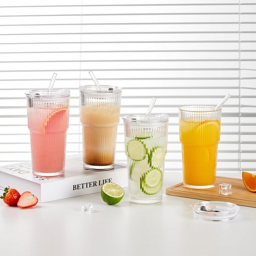 Wells 20oz Glass Cups with Lids and Straws, Ribbed Iced Coffee Cups, Thickened Drinking Glass Tumbler, Ideal for Coffee, Smoothies, Cocktails, and Juices, Clear, Set of 4