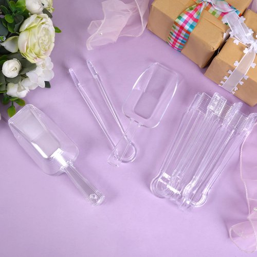 12Pcs Clear Plastic Ice Scoops Tongs Set, Small Tongs for Serving Food, Mini Candy Scoops for Candy Buffet Dry Goods Freezer Bin Canisters (Clear)