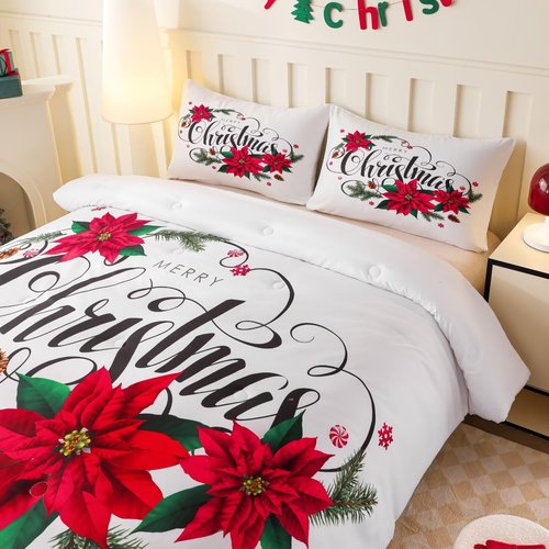 GRAT TIOC Christmas Comforter Queen,Xmas Bedding Set Set,Red Poinsettia Flowers Comforter Merry Christmas Bed Bedroom Set Home Decor for Kids Girls Women White