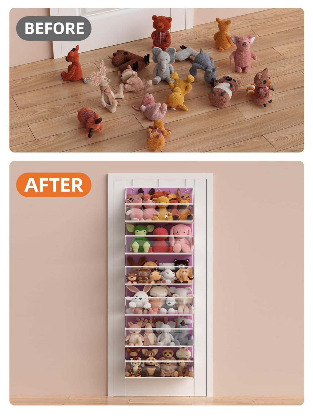 Wakaye Over the Door Organizes- 6 Tier Stuffed Animal Storage, Bathroom Organizers and Storage, Swing-proof Hanging Organizer for Toys/Nursery Newborn Baby Essential Stuff (Clear-pink)