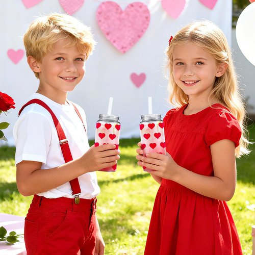 Whaline 20Pcs Valentine's Day Plastic Cups with Lids and Straws Clear Party Drinking Cups Red Heart Reusable Tumblers for Holiday Party Supplies