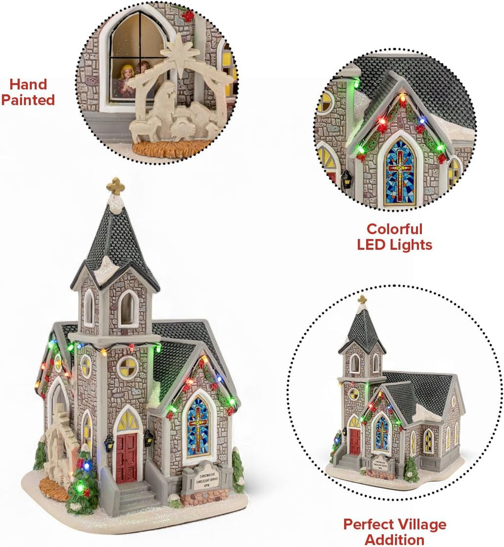 Skiennix Corner Cathedral Christmas Village - Porcelain Design with LED Lights