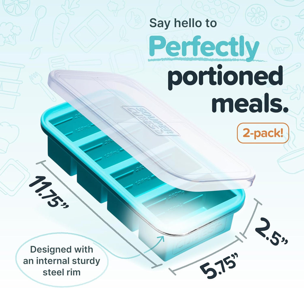 Souper Cubes 1 Cup Silicone Freezer Molds - Steel Reinforced Rim for Easy Meal Prep | Aqua - 2-Pack