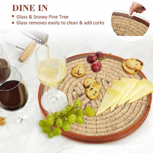 Maxdot Wine Cork Holder Decorative Wine Lover Creative Wedding Gifts for Couples Wooden Lazy Susan for Countertop with Glass Protective Cover Can Store 130 Corks Stoppers Display Bar Table Centerpiece
