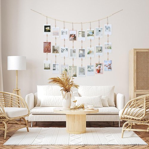 KLOGTSIND Hanging Photo Display - Boho Wooden Beads Garland with 28 Clips | Perfect for Room Decor & Gifts