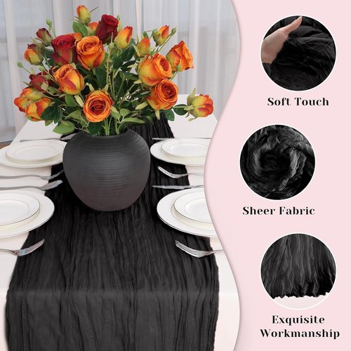 Black Table Runner - 10 Ft Rustic Cheesecloth Design for Halloween Weddings & Parties