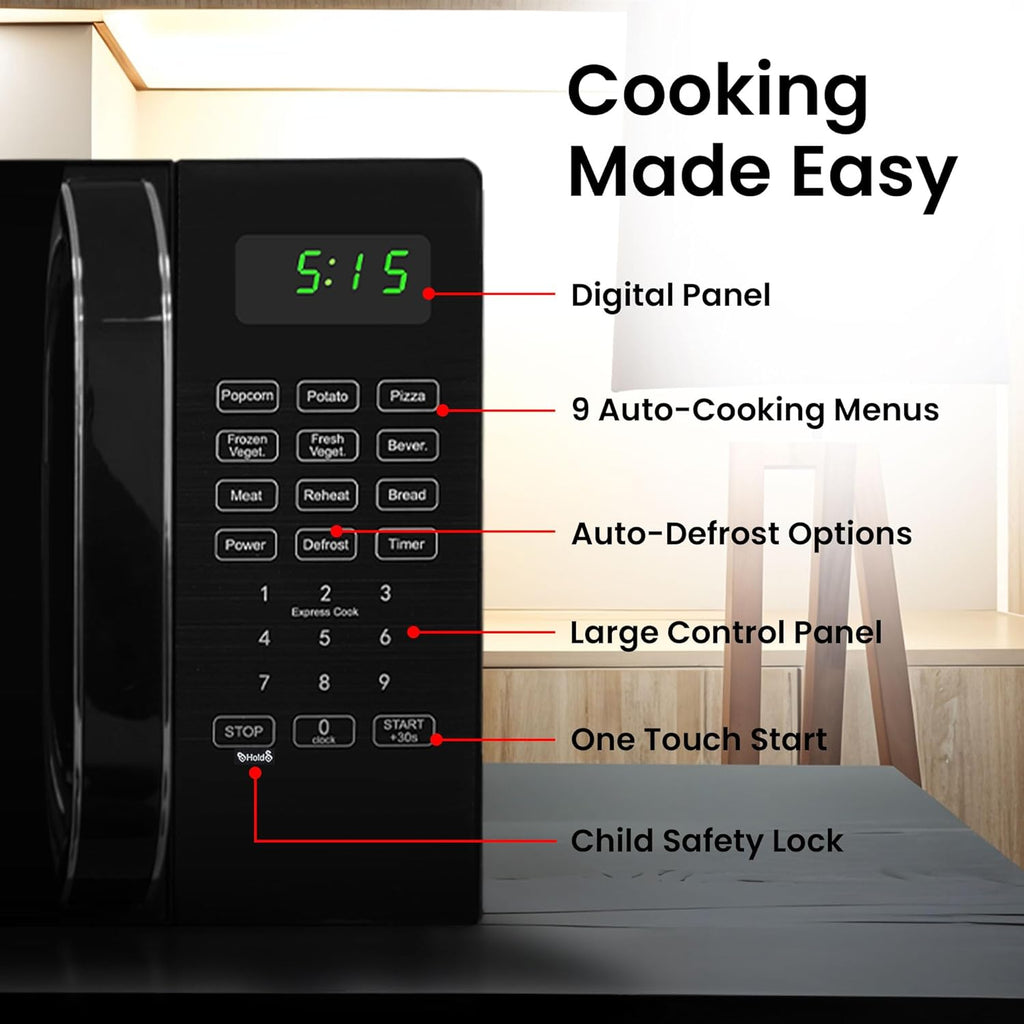 Skiennix 0.7 Cu Ft Microwave - Compact Black Mini Oven with Digital Display & Auto Defrost Function