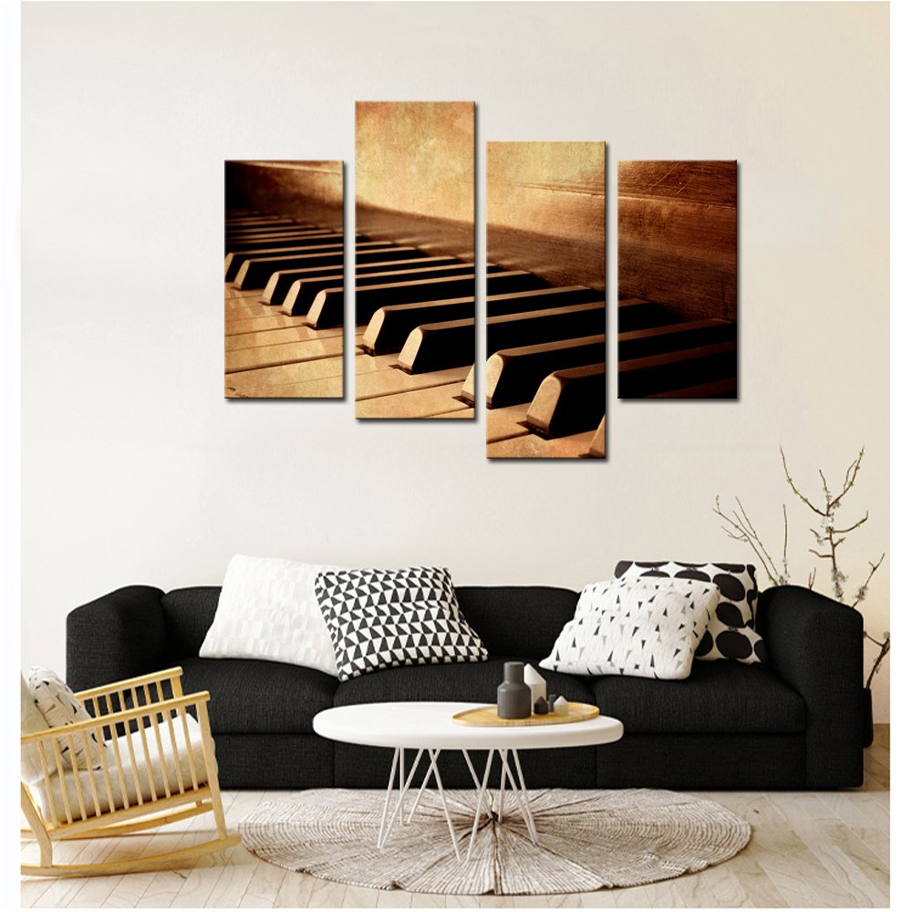 LevvArts - 4 Panels Piano Wall Art Canvas Sepia Brown Music Room Decor Piano Keys Pictures Prints Framed Ready to Hang