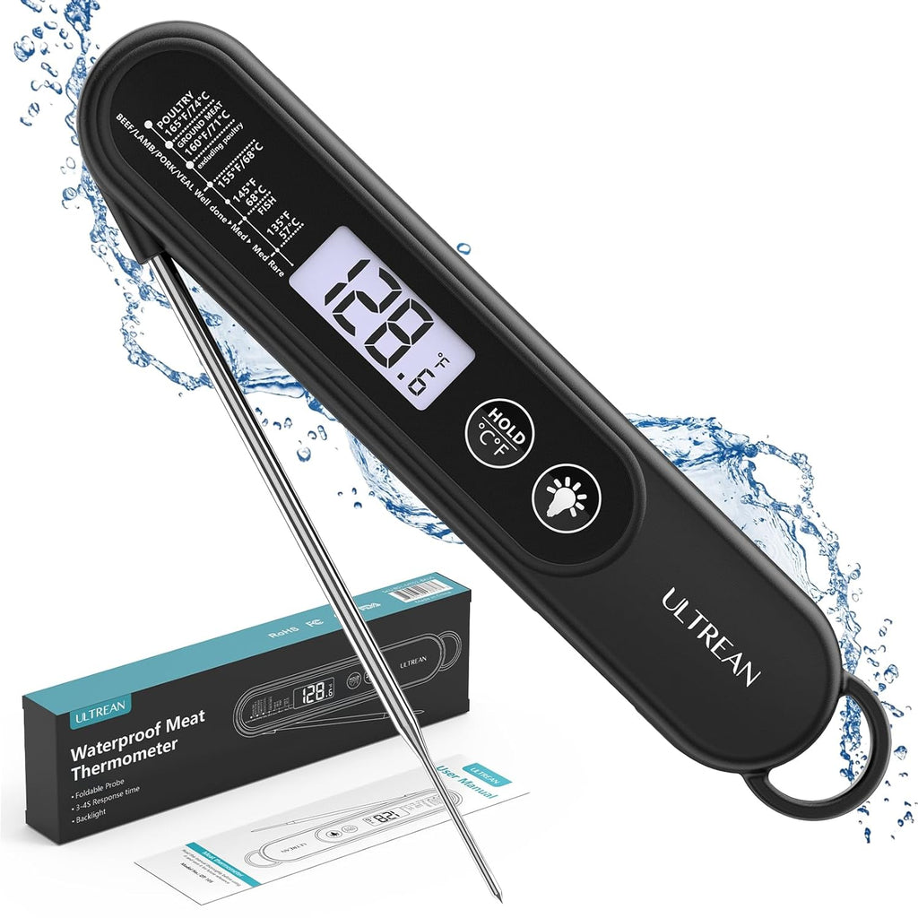 Ultrean Digital Meat Thermometer - Ultra-Fast Instant Read with Backlight & Foldable Probe | Waterproof Kitchen Tool for BBQ, Grill, Fry, Oven, Candy Making