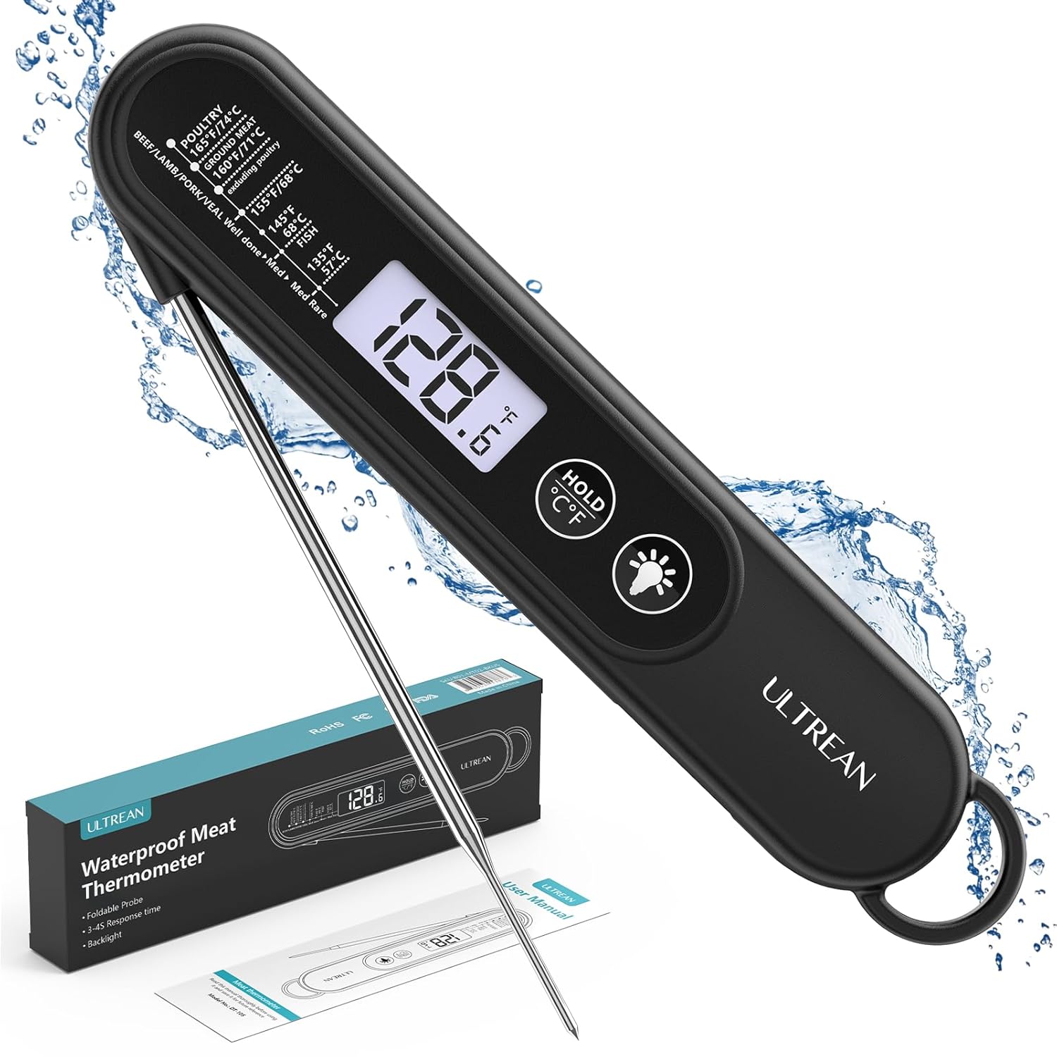 Ultrean Digital Meat Thermometer - Ultra-Fast Instant Read with Backlight & Foldable Probe | Waterproof Kitchen Tool for BBQ, Grill, Fry, Oven, Candy Making