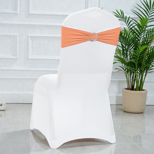 MDS Spandex Chair Sashes - Pack of 150 Elastic Stretch Bows with Buckle Slider for Wedding Decor - Peach