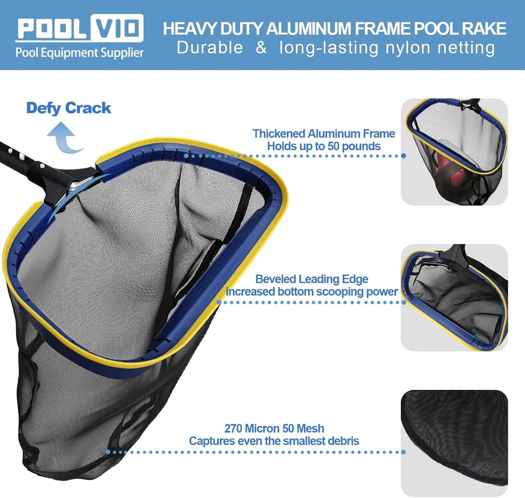 Poolvio 5-in-1 Pool Cleaning Kit - Semi-Deep Skimmer Net, Aluminum Leaf Rake & 20' Brush with 13' Pole
