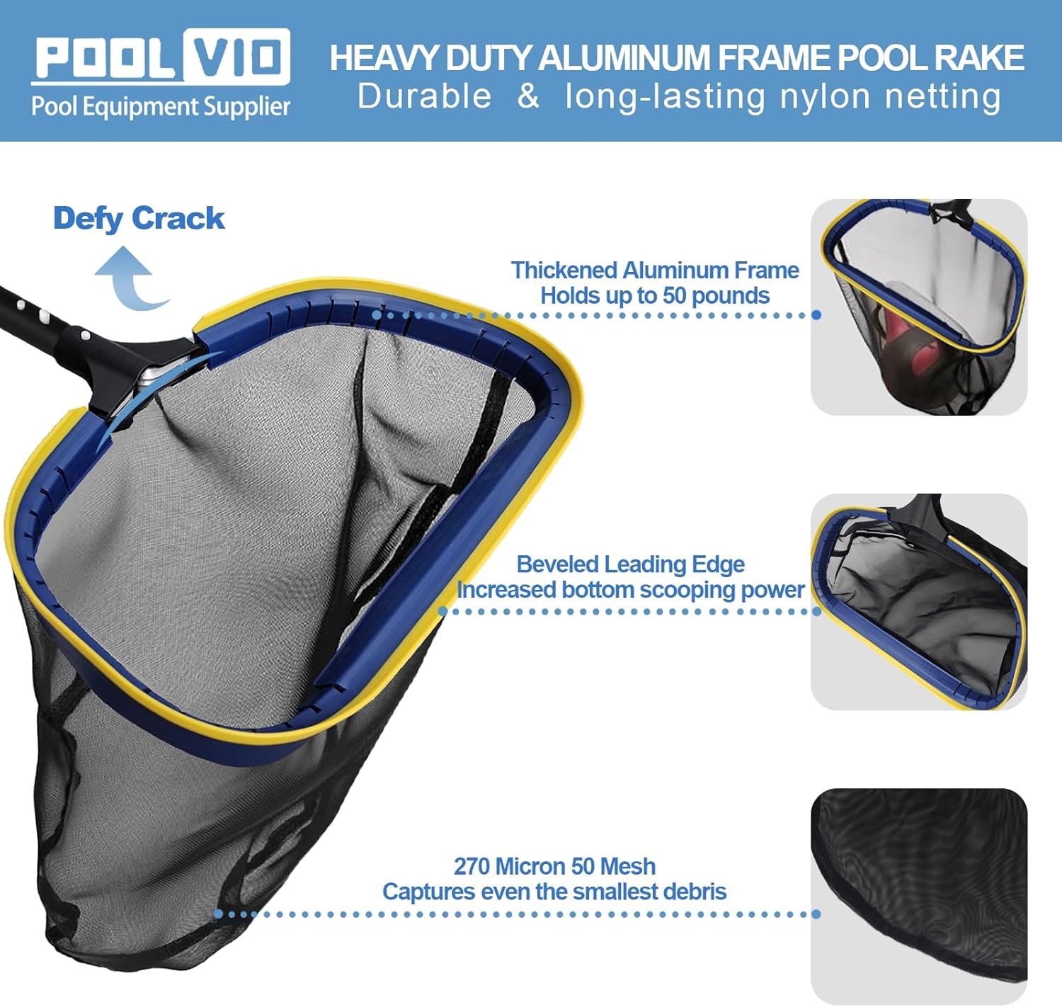 Poolvio 5-in-1 Pool Cleaning Kit - Semi-Deep Skimmer Net, Aluminum Leaf Rake & 20' Brush with 13' Pole