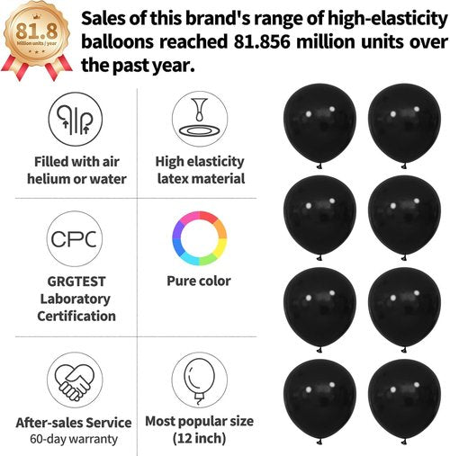 Black Balloon 12 Inch - 110pcs Premium Latex Balloons for Birthday, Baby Shower, Wedding | Includes 2 Ribbons