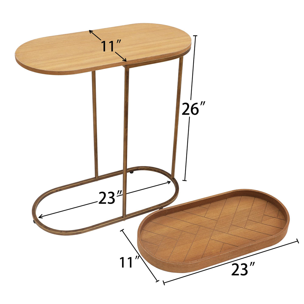 Small End Table with Removable Tray, C Shaped Narrow Side Table for Living Room, Modern TV Tray Wood Top Metal Stand, 11" W