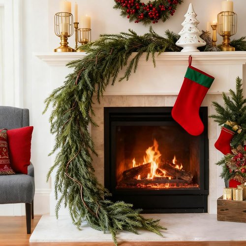 Aiinoo 2 Pcs 6 Ft Artificial Norfolk Pine Garlands Real Touch Winter Greenery Garland Faux Green Garland for Table Centerpieces Mantle Wall Indoor Outdoor Christmas Decorations