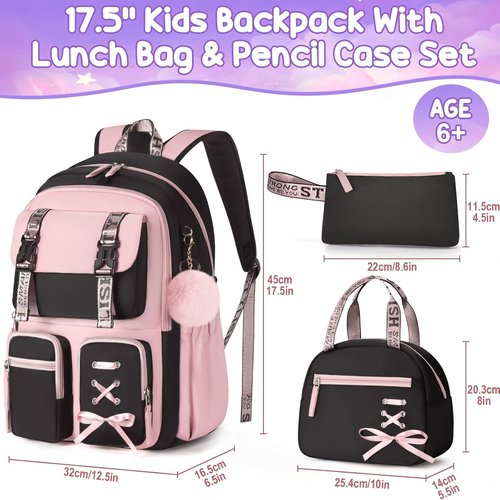 Fimibuke Girls' Backpack Set - 3 PCS Waterproof Backpack with Lunch Box & Pencil Case | Ideal for School & Travel