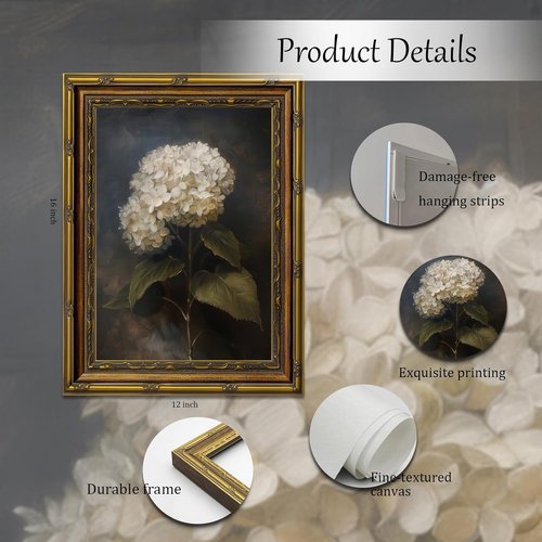 Framed White Hydrangea Oil Wall Art - Vintage Floral Canvas Print for Living Room | 12x16in