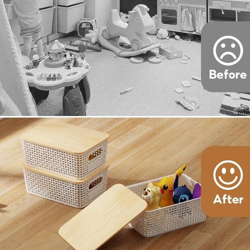 8 Pack Plastic Storage Bins by [Brand Name] - Stackable Baskets with Bamboo Lids for Organized Pantry & Office