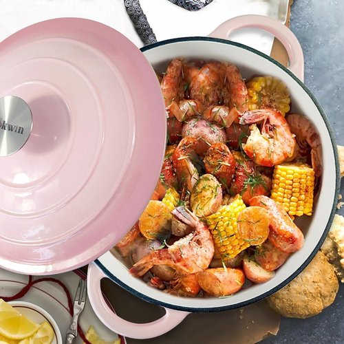 3 Quart Cast Iron Dutch Oven Pot with Lid, Dual Handles Enameled Soup Pot, Heavy Duty and Oven Safe for Bread Baking, Braising, Cooking and Family Gifts, Pink