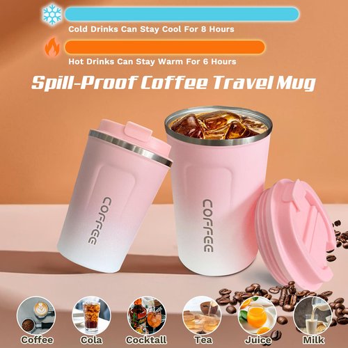 SPLMIFA Travel Coffee Mug Leak-Proof, Reusable Coffee Cups with Lids, Stainless Steel Vacuum Insulated Coffee Tumblers, Thermal Insulation Cup for Men and Women Hot & Cold Drinks(2nd-Pink White, 12OZ)