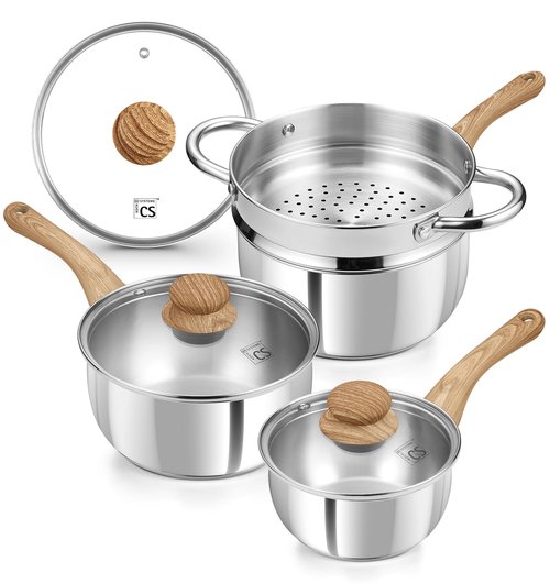 KOCH SYSTEME CS Stainless Steel Saucepan Set with Steamer, 18/10 Stainless Steel Pots 1QT& 2QT & 3QT, Sauce Pan Set with Cool-Touch Handles, Tri-Ply Steel Base, Induction Compatible Pots