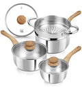 KOCH SYSTEME CS Stainless Steel Saucepan Set with Steamer, 18/10 Stainless Steel Pots 1QT& 2QT & 3QT, Sauce Pan Set with Cool-Touch Handles, Tri-Ply Steel Base, Induction Compatible Pots