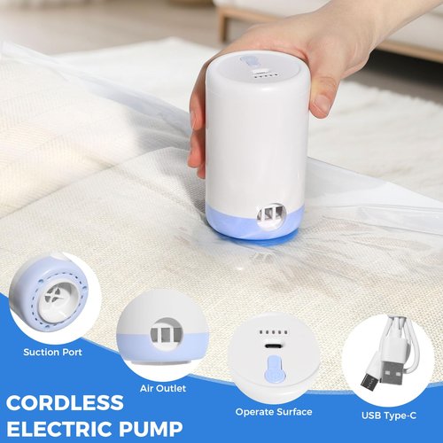 Eunhdet 15 Pack Travel Vacuum Storage Bags with Cordless Electric Pump, Combo Rechargeable Space Saver Vacuum Seal Bags for Clothing Travel Vaccine Sealed Storage Bag for Comforters Blankets Clothes