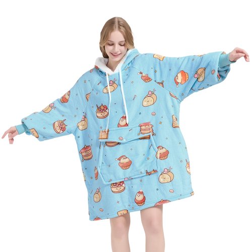 Qeils Wearable Blanket Hoodie for Women, Comfy Sherpa Sweatshirt Blanket as Birthday Christmas Gifts, Oversized Pullover Jacket Blanket Hoodie for Adult (Desserts, Adult)
