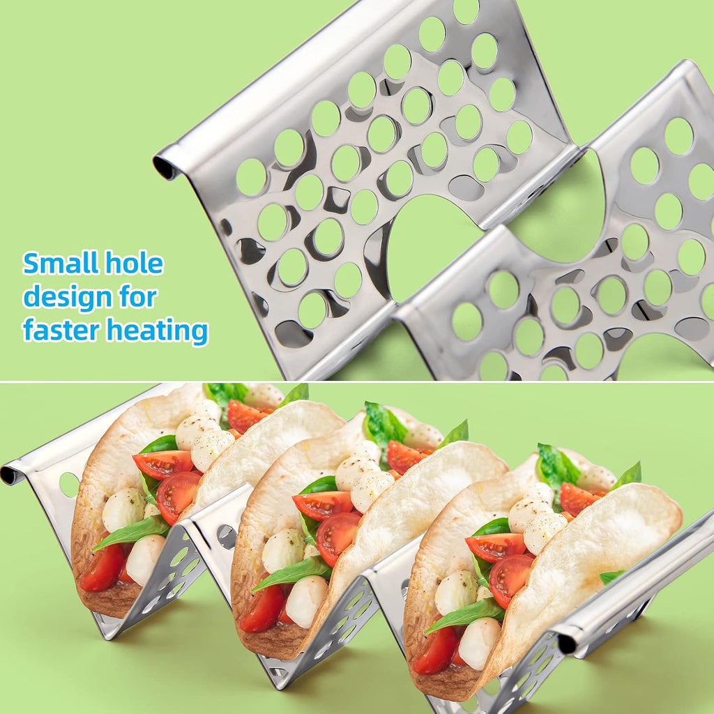 Skiennix Taco Holders Set of 4 - Stainless Steel Taco Stands with Easy-Access Handle | Fits Microwave & Oven