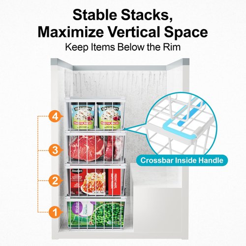 iSPECLE Freezer Organizer Bins - 4 Pack Stackable Chest Freezer Organizer for 5 Cu Ft Deep Freezer Sort Frozen Food, Deep Freezer Organizer Bins Easy to Get Food from Bottom without Digging, White