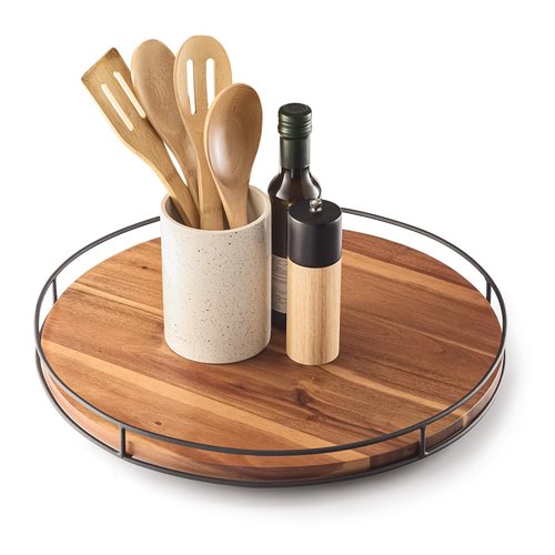 TIDITA 18" Acacia Wood Lazy Susan Turntable with Metal Frame - Large Brown Lazy Susans Organizer Countertop Storage - Wooden Serving Tray for Charcuterie Cheese Board - Kitchen Counter Rotating