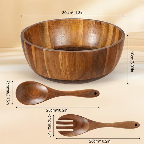 MYRAINBOW Wooden Salad Bowl Set 11.8 Inch – Acacia Large Wood Salad Bowl with Wooden Serving Utensils, Big Salad Bowls for Fruits, Food Serving & Hosting Family Gatherings