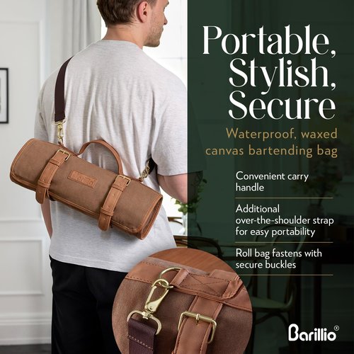 Barillio Bartender Kit Bag with Cocktail Shaker Set - Waxed Canvas, Traveling Bar Tools Bag with 17-Pc Cocktail Kit - Travel Mixology Bartending Kits - Mobile Bar Roll with Strap & Accessories