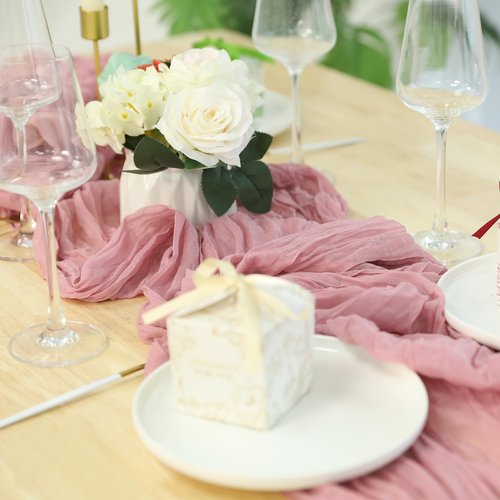 20 Pcs Cheesecloth Table Runner 196 Inch Boho Gauze Cheese Semi-Sheer Rustic Table Runner for Wedding, Baby Shower, Birthday, Banquets - Dark Pink