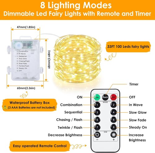 Mlambert Fairy Lights - 33FT Battery Operated with Remote & Timer | Waterproof 100 LEDs for Indoor & Outdoor Decor