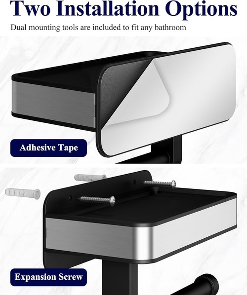 Kitsure Toilet Paper Holder - Matte Black Wall-Mount Storage with Shelf | Space-Saving Design, 7.1" W