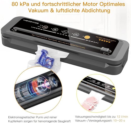MegaWise Food Vacuum Sealer Machine - High-Power 80kPa Suction, One-Touch Operation | Includes Bags & Hose (Black)
