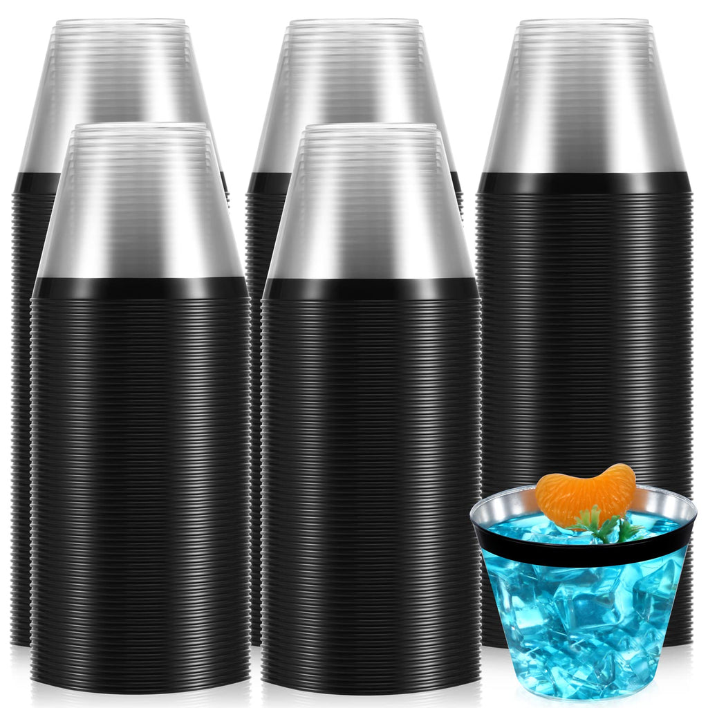 Lounsweer 100 Pcs 9 oz Plastic Cups with Black Rimmed Clear Cocktail Cups Heavy Duty Disposable Wine Glasses for Wedding Birthday Bridal Shower Baby Shower Party Holiday Celebrations